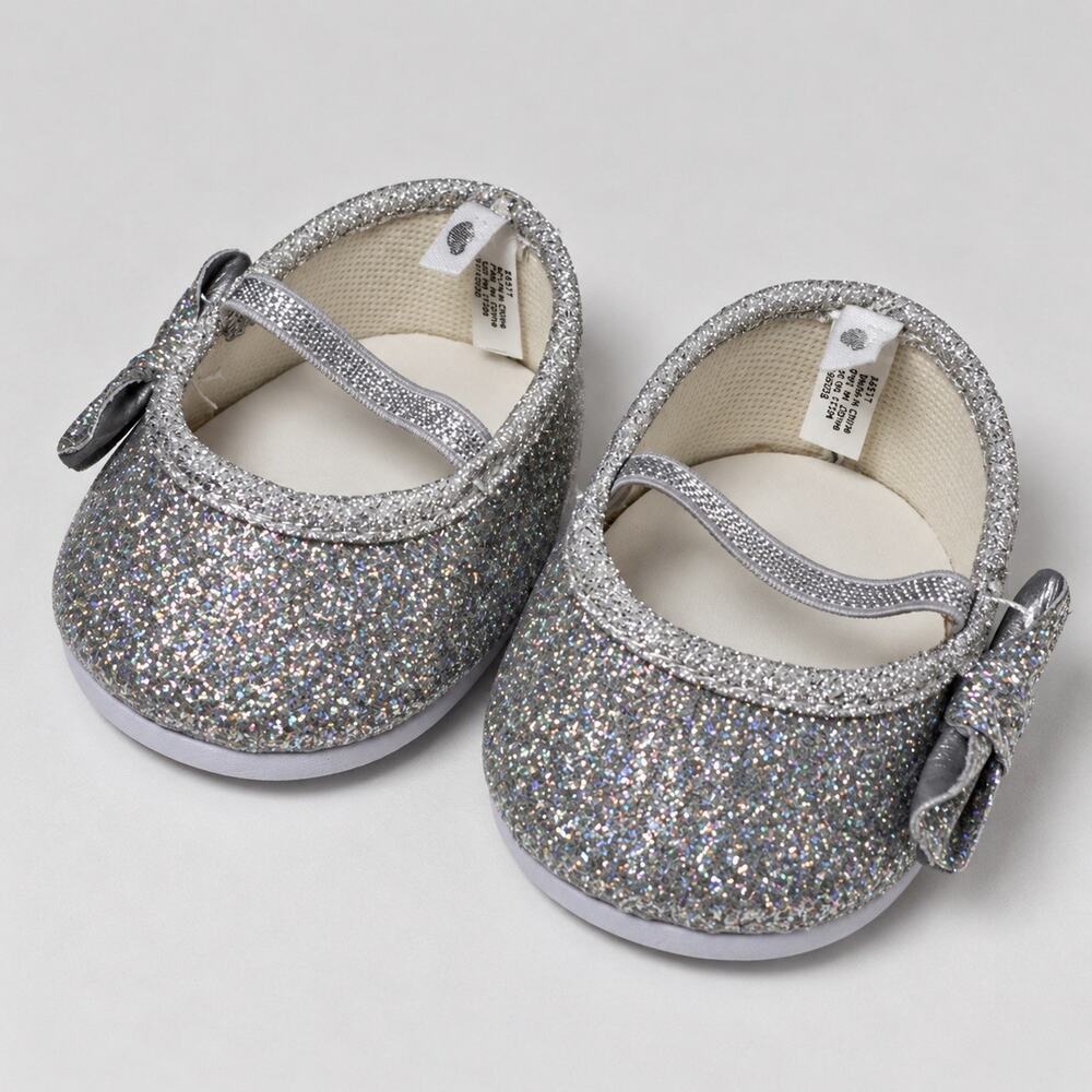 Build-a-Bear Workshop Silver Glitter Mary Janes Dress Shoes Flats BABW Bows